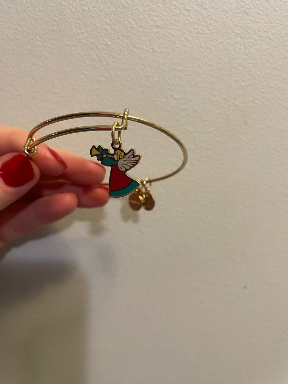 Alex and Ani Gold-Tone Angel Charm Bangle with Red and Green Enamel